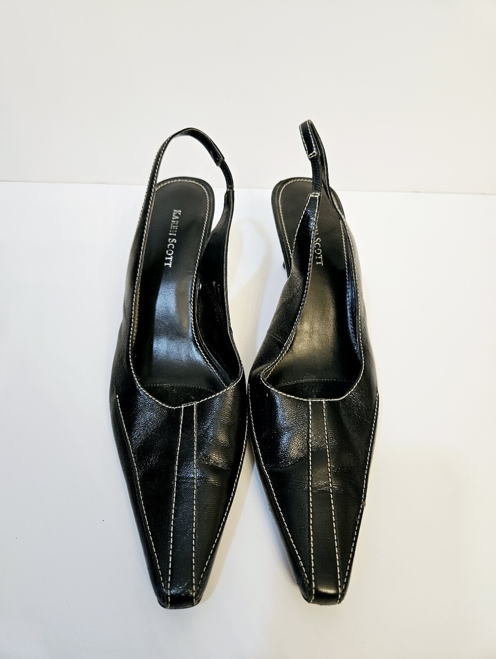Vintage Y2K Karen Scott Slingback Heels Size 9.5 Black Leather White Stitch EUC - Picture 4 of 8